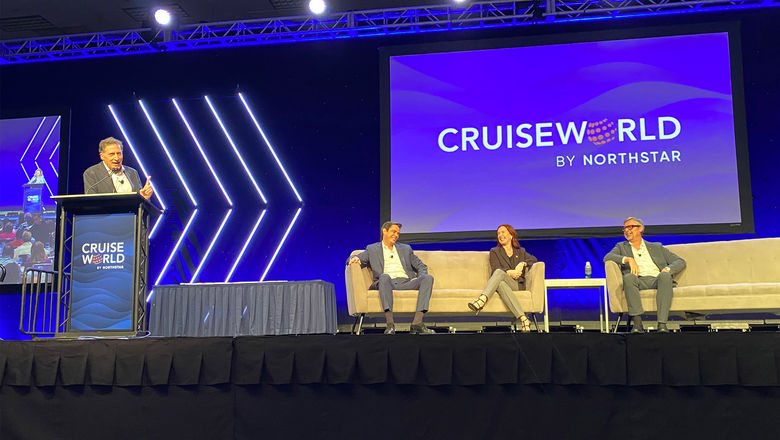 The Royal Caribbean Group presidents panel: Editor in chief Arnie Weissmann moderated and panelists were, from left, Silversea president Bert Hernandez, Celebrity president Laura Hodges Bethge and Royal Caribbean International CEO Michael Bayley.