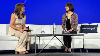 Phocuswright's Mitra Sorrells (left) interviews Expedia Group CEO Ariane Gorin at the Phocuswright Conference.