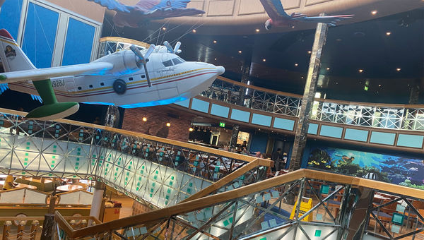 An airplane hangs on the Margaritaville at Sea Islander (Jimmy Buffett was also a pilot).