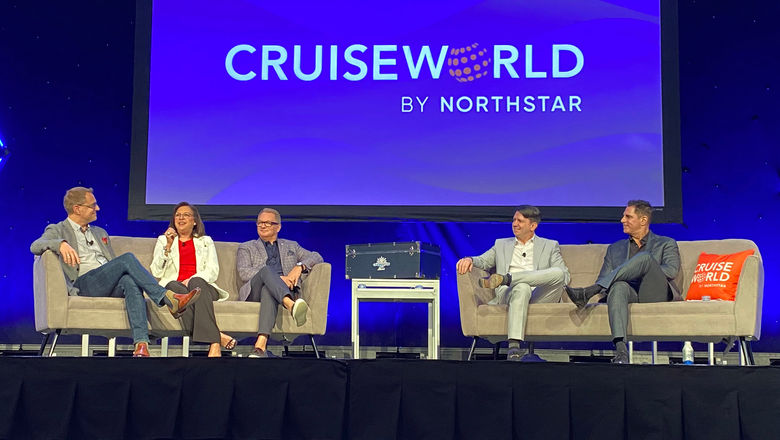 Panelists on the Conversation with Cruise Leadership panel, from left: Chris Prelog of Windstar Cruises, Dondra Ritzenthaler of Azamara Cruises, Chris Austin of Explora Journeys, Steve Smotrys of HX and Ken Muskat of Scenic Group USA.