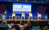 Carnival Corp. presidents in game-show mode, from left: Gus Antorcha of Holland America, John Padgett of Princess, Katie McAlister of Cunard and Christine Duffy of Carnival Cruise Line.