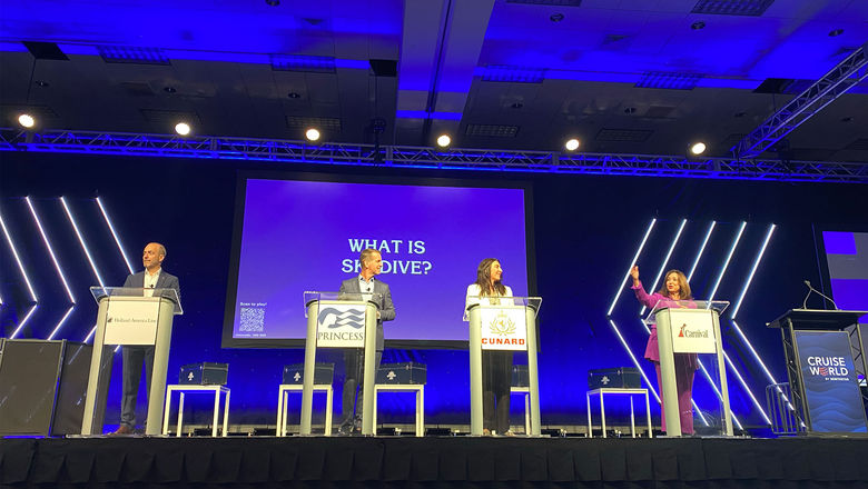 Carnival Corp. presidents took the stage at CruiseWorld for an interactive game. From left: Gus Antorcha of Holland America Line, John Padgett of Princess Cruises, Katie McAlister of Cunard and Christine Duffy of Carnival Cruise Line.