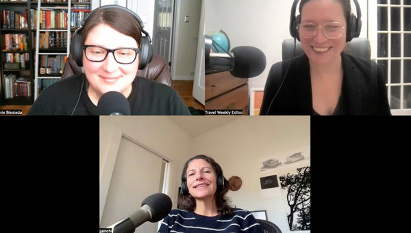 Clockwise from top left: Retail editor Jamie Biesiada, host Rebecca Tobin and news editor Johanna Jainchill talk about the Travel Industry Survey's data on the Folo by Travel Weekly podcast.