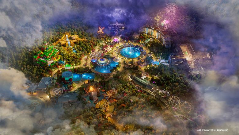 A rendering of Epic Universe. Comcast's theme park revenue was down 5.3% in the third quarter, which executives attributed to continued lower attendance at domestic theme parks compared to what was a record-breaking 2023, but excitement is high around the opening of Epic Universe in Orlando next May.