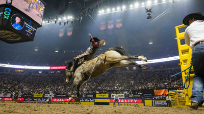 Richmond Champion competes at the Wrangler National Finals Rodeo at the Thomas & Mack Center in 2023.