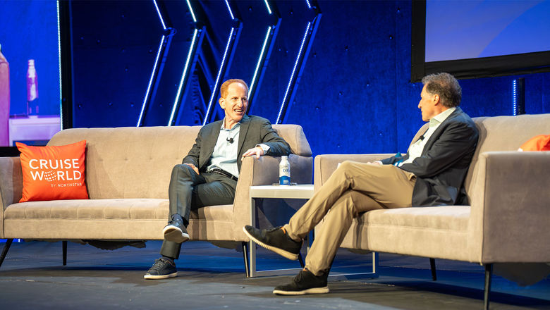 At CruiseWorld, Norwegian Cruise Line Holdings CEO Harry Sommer (left) discussed sustainability and other topics with Travel Weekly's Arnie Weissmann.