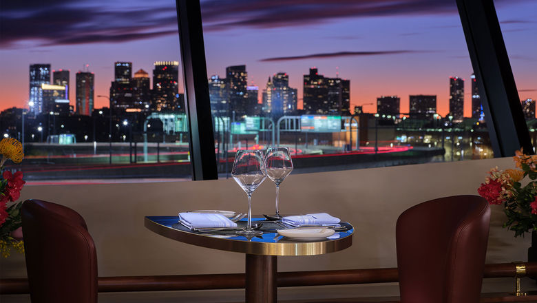 The Delta One Lounge overlooks Boston Harbor and the city skyline.