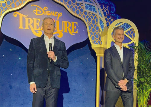 Disney CEO Bob Iger (left) and Disney Experiences chairman Josh D’Amaro at the Disney Treasure’s christening.