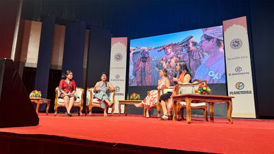 A panel at the GX Summit with, left to right, Aayusha Prasain, CEO, Community Homestay Network; Meenu Vadera, founder, Azad Foundation and Women With Wheels; Tabitha Lipkin, travel host, journalist and content creator; and moderator Kelly Galaski, senior director of operations and head of impact at Planeterra.