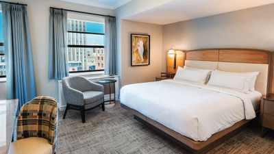 A rendering of a restyled guestroom at the Hilton Milwaukee.