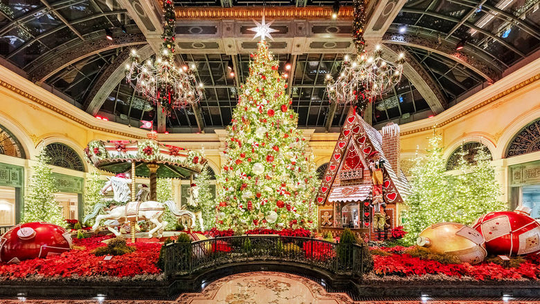 A 45-foot tree with a Swarovski star is among the highlights of the holiday display in Bellagio’s Conservatory & Botanical Gardens.