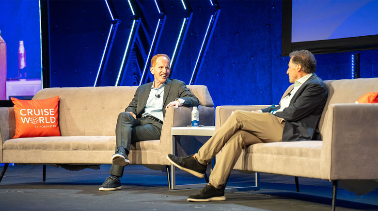 More than 1,400 advisors and suppliers met in Fort Lauderdale for the annual CruiseWorld event for three days of expert panels, education sessions and networking. Pictured, Norwegian Cruise Line Holdings CEO Harry Sommer, left, and Travel Weekly editor in chief Arnie Weissmann.