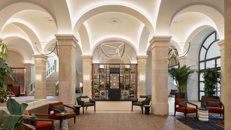 The lobby of the Imperial Riding School hotel is a nod to the city’s history.