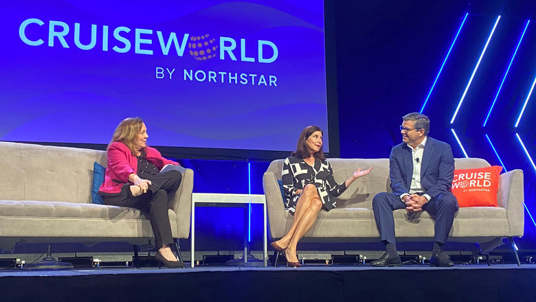 At CruiseWorld, moderator Mary Pat Sullivan (left) with Oceania executives Nikki Upshaw and Frank A. Del Rio.