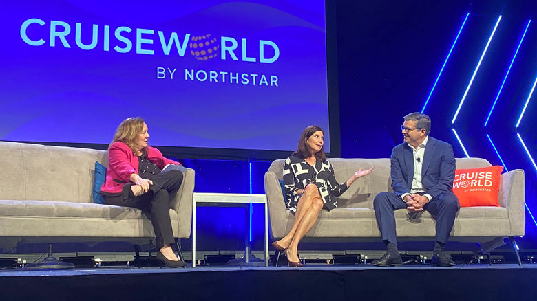 At CruiseWorld, moderator Mary Pat Sullivan (left) with Oceania executives Nikki Upshaw and Frank A. Del Rio.