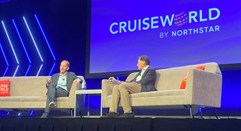 Norwegian Cruise Line Holdings CEO Harry Sommer, left, and Travel Weekly editor in chief Arnie Weissmann on stage at the 2024 CruiseWorld show.