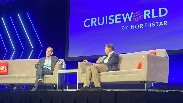 Norwegian Cruise Line Holdings CEO Harry Sommer, left, and Travel Weekly editor in chief Arnie Weissmann on stage at the 2024 CruiseWorld show.