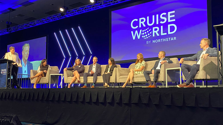 Sales executive “masterminds” from major cruise lines fielded both sales and personal questions at CruiseWorld during the Masterminds panel. From left, moderator and Travel Weekly editor in chief Arnie Weissmann; Jennifer Suarez, Celebrity Cruises; Carmen Roig, Princess Cruises; Kirk Neal, Carnival Cruise Line; Wendy Whitener, MSC Cruises; Vicki Freed, Royal Caribbean; Rob Coleman, Holland American Line; and John Chernesky, Norwegian Cruise Line.