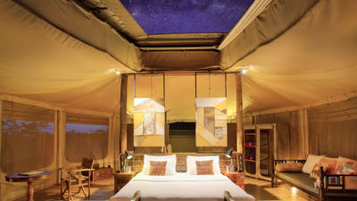 The interior of a tent at Saruni Leopard Hill in Kenya's Masai Mara.