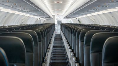 The cabin on an Airbus A321neo jet flown by Frontier Airlines.