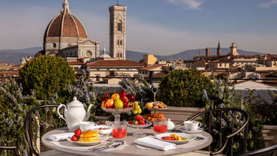 The terrace at the Tivoli Palazzo Gaddi Firenze hotel overlooks Florence’s famous Duomo.